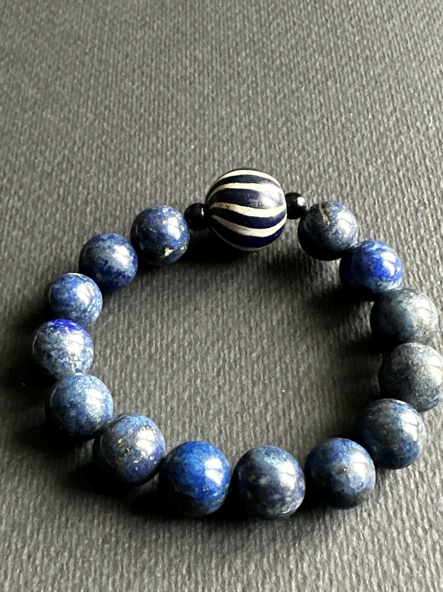 Lapis Unisex Bracelet with Navy and White Striped Java Bead