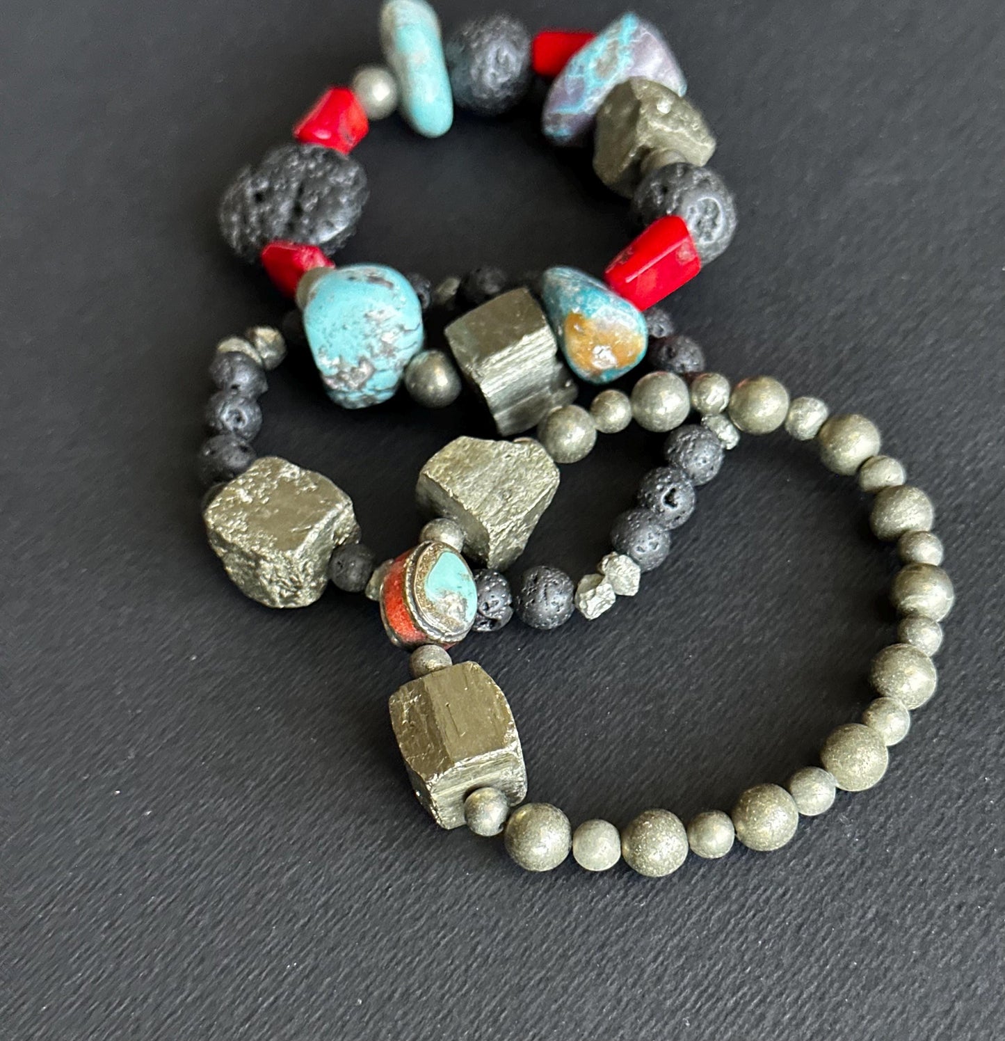 Boho Unisex Bracelet Stack | Pyrite Cube & Turquoise Beads | Handmade One of a Kind Stretch Bracelets