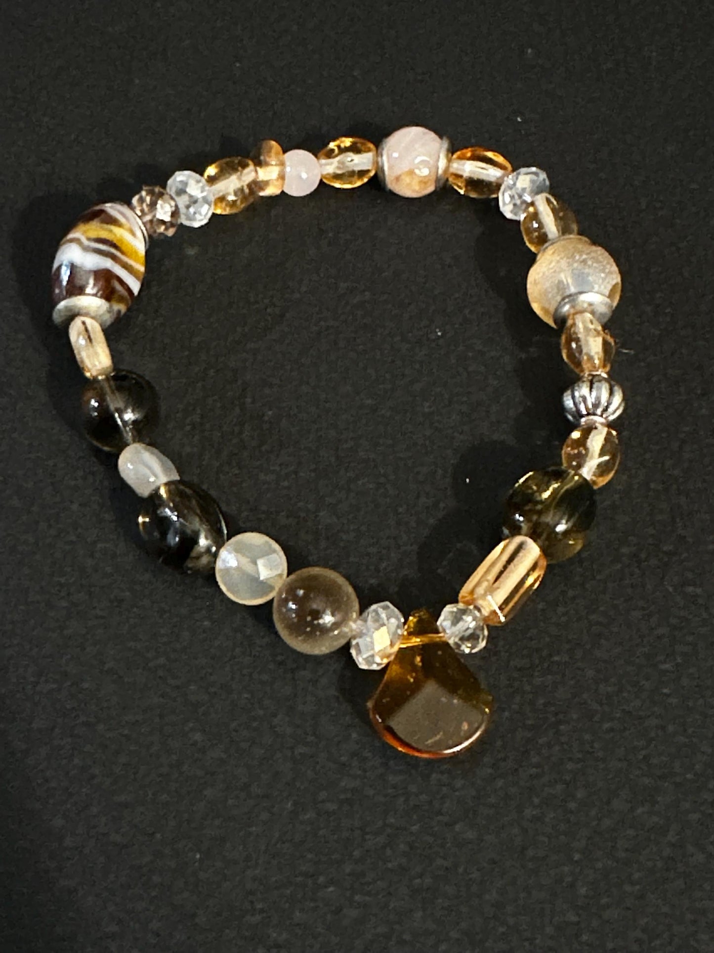 Handmade Pink & Brown Glass Beaded Bracelet Set with Crystal Accents OOAK