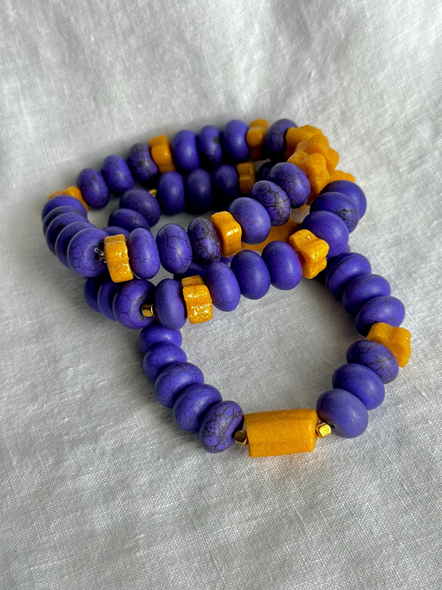 Purple and Gold Unisex Ceramic and Krobo Beaded Stackable Bracelets