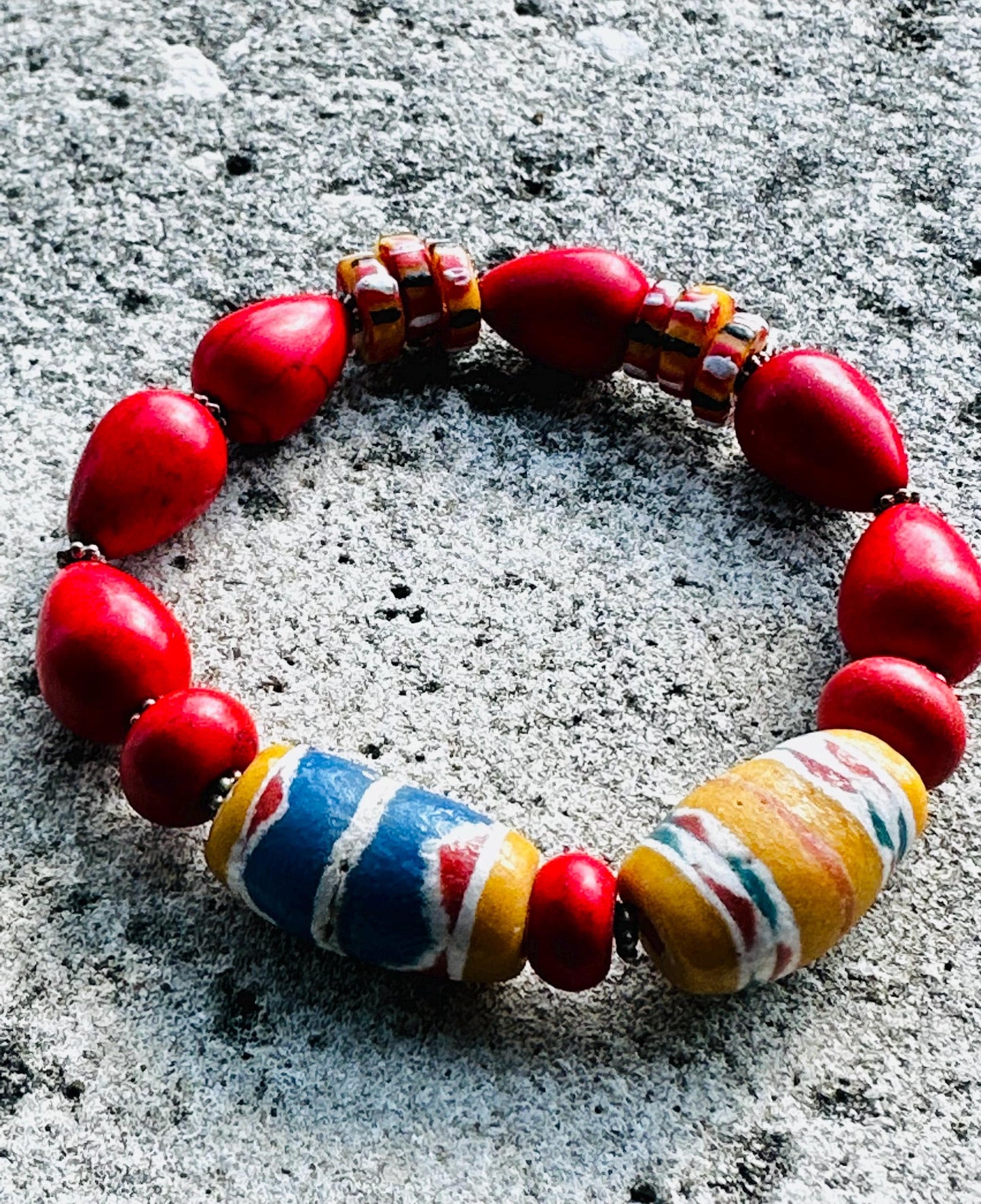 Red Teardrop Beaded Bracelet | Bronze Disc Boho Jewelry