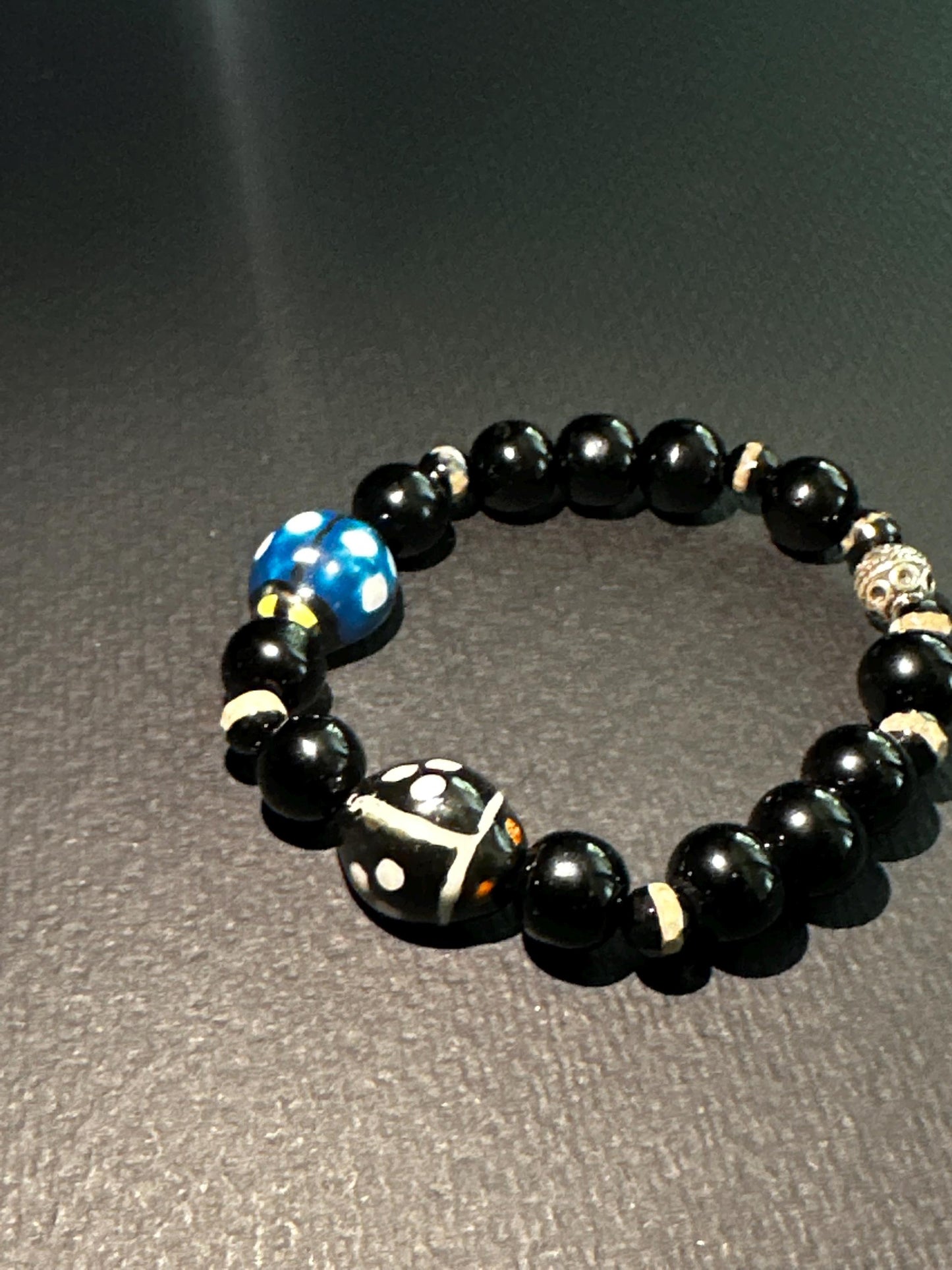 Ladybug Beaded Bracelet: Black, White & Blue Glass Ceramic - 7.5"