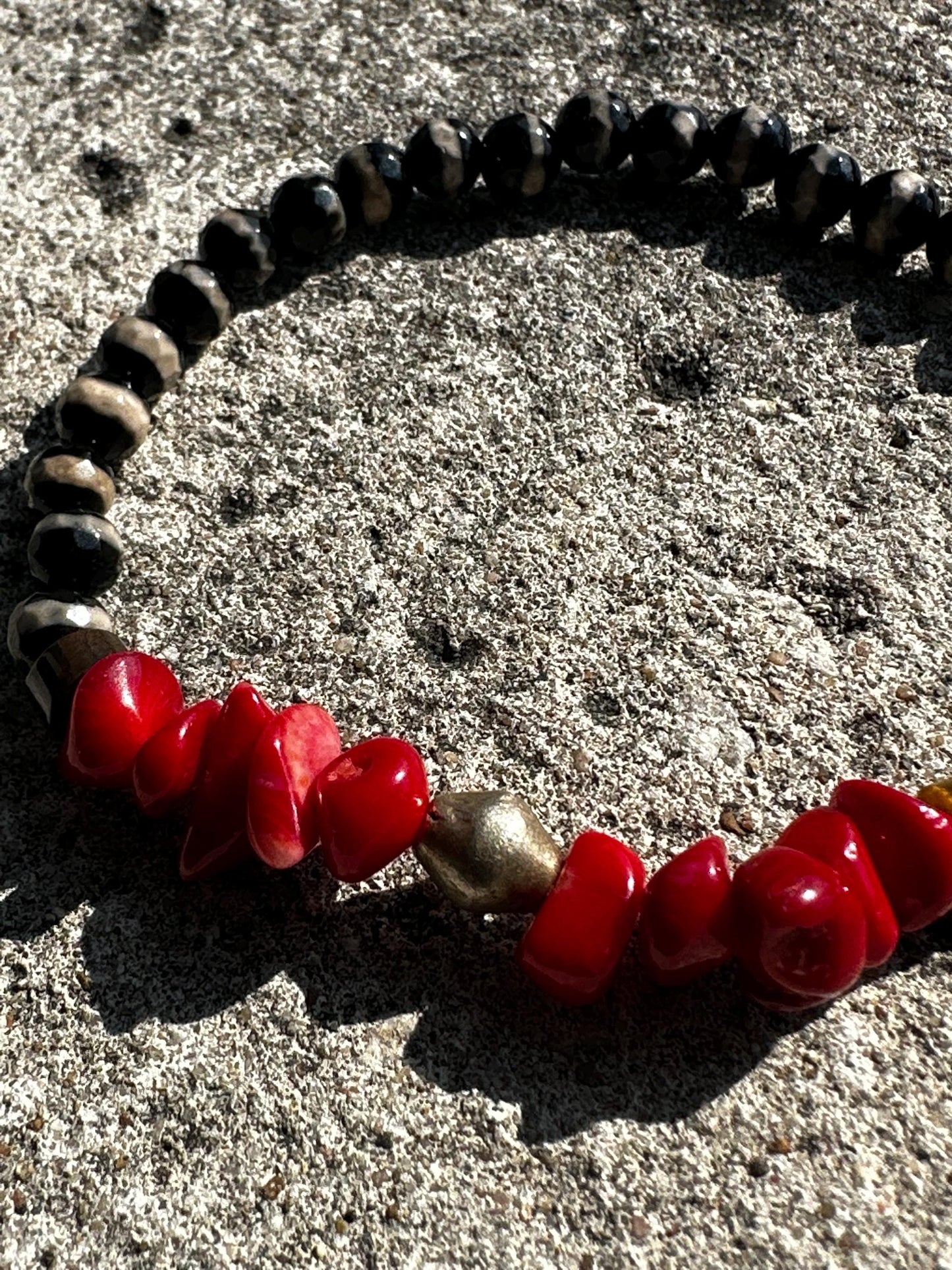 Agate & Red Coral Beaded Bracelet, Unisex Silver Accent