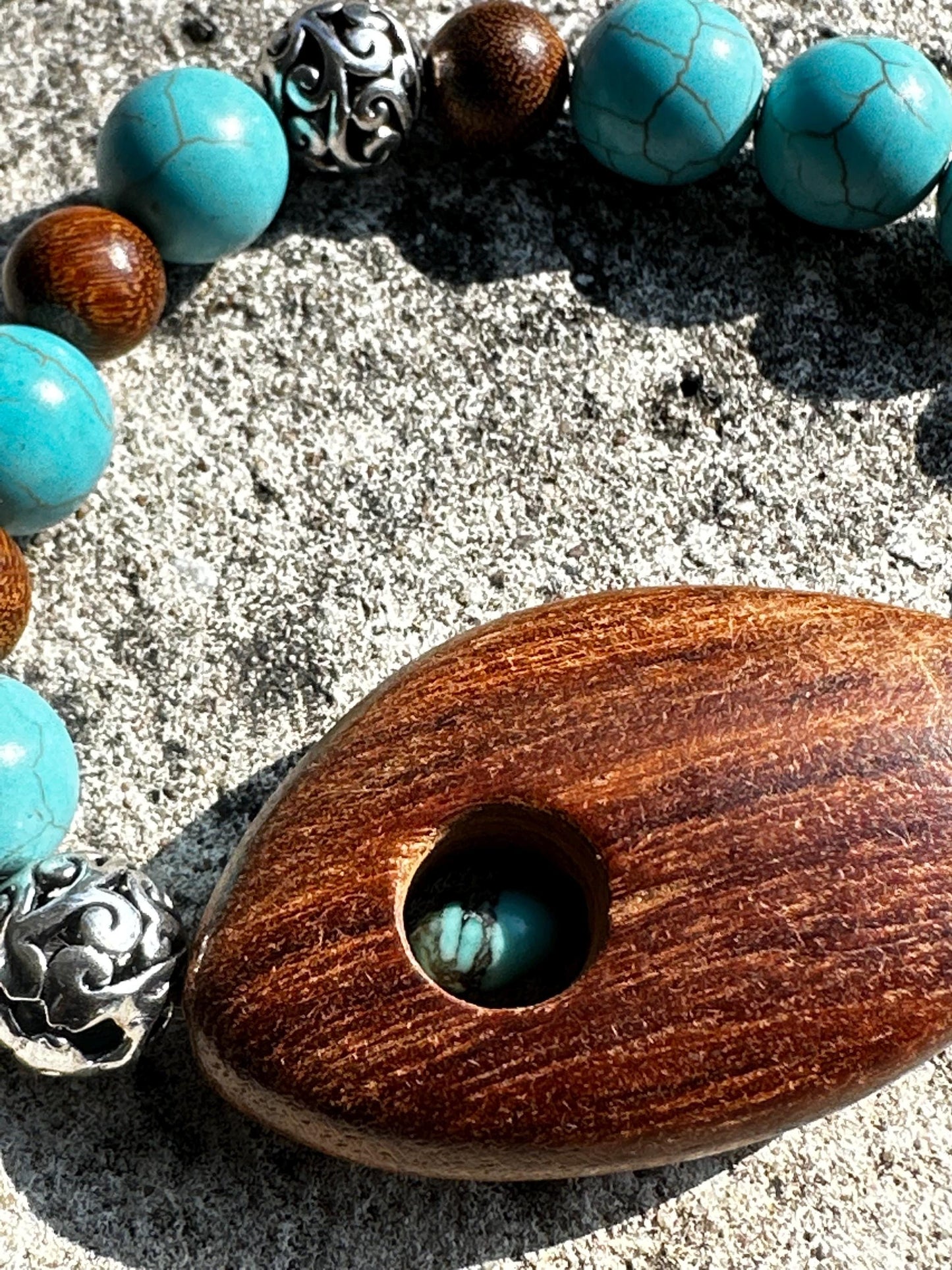 Turquoise Howlite Beaded Bracelet with Wooden Geometric Focal Bead