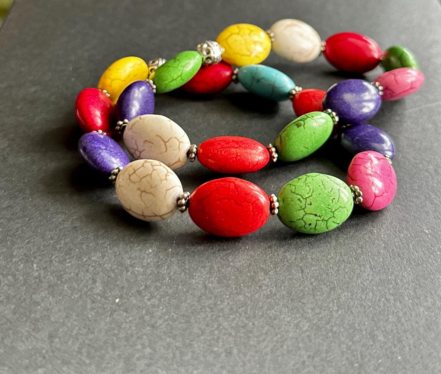 Multi-Color Oval Ceramic Beaded Bracelet | Silver Accents | Handmade by Attrice | Fun & Flirty | OOAK | 7.5"