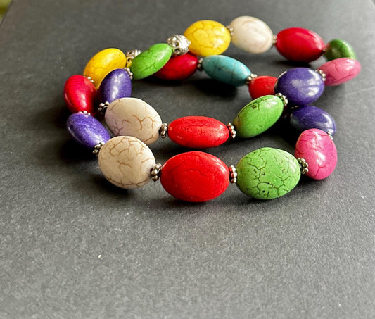 Multi-Color Oval Ceramic Beaded Bracelet | Silver Accents | Handmade by Attrice | Fun & Flirty | OOAK | 7.5"