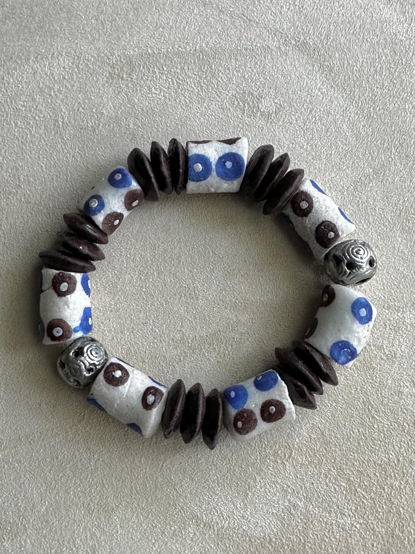 African Recycled Glass Bead Bracelet: Blue Brown Polka Dot Krobo, Unisex Boho