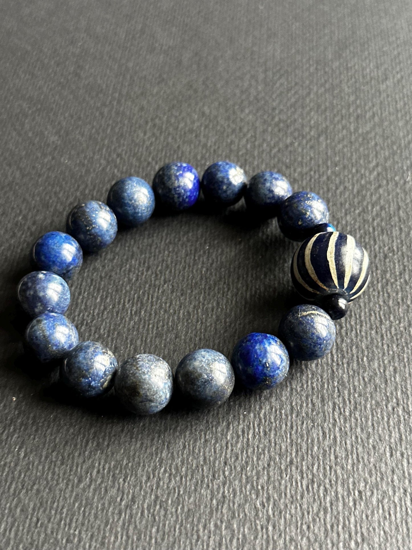 Lapis Unisex Bracelet with Navy and White Striped Java Bead
