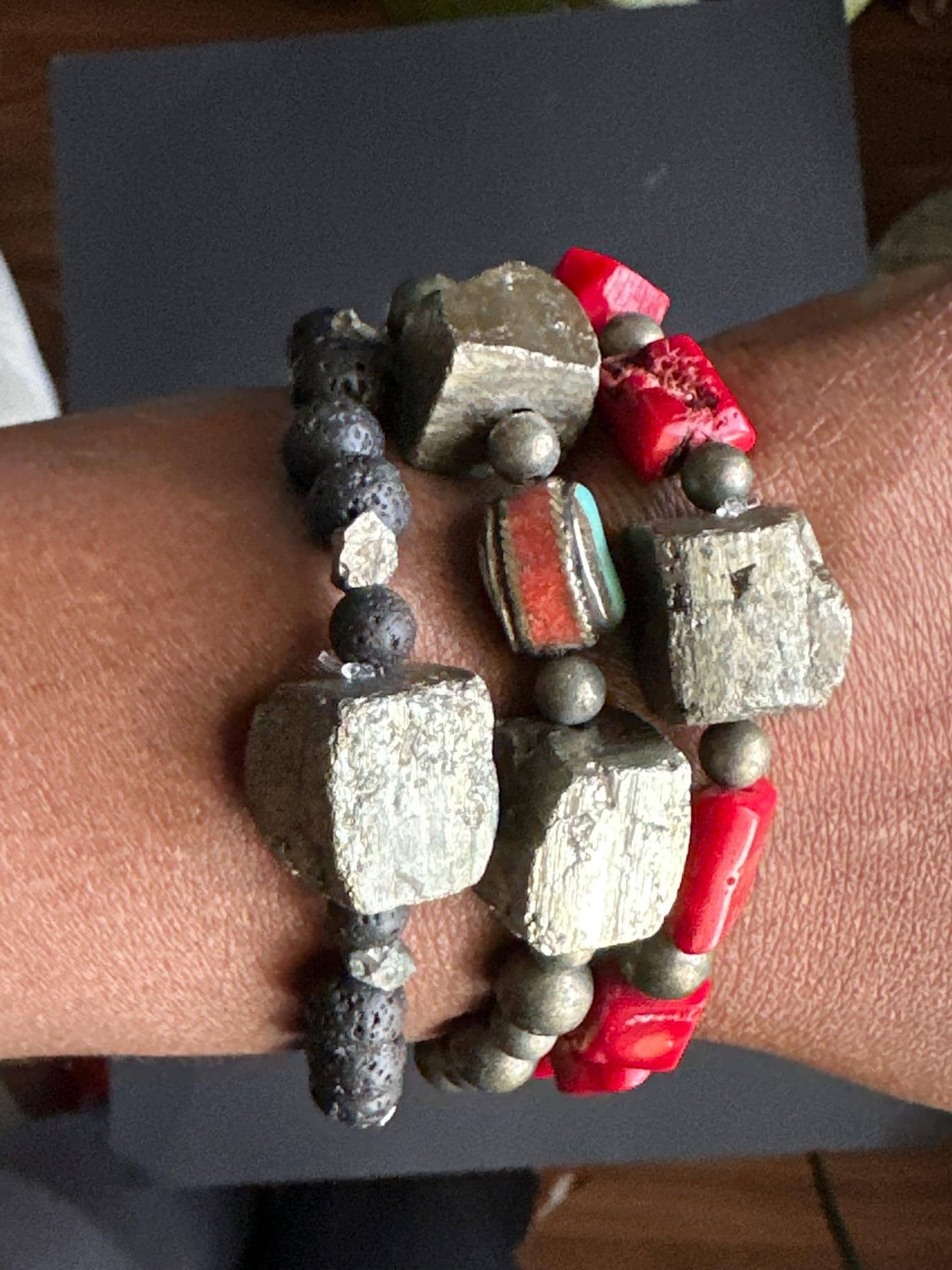 Boho Unisex Bracelet Stack | Pyrite Cube & Turquoise Beads | Handmade One of a Kind Stretch Bracelets