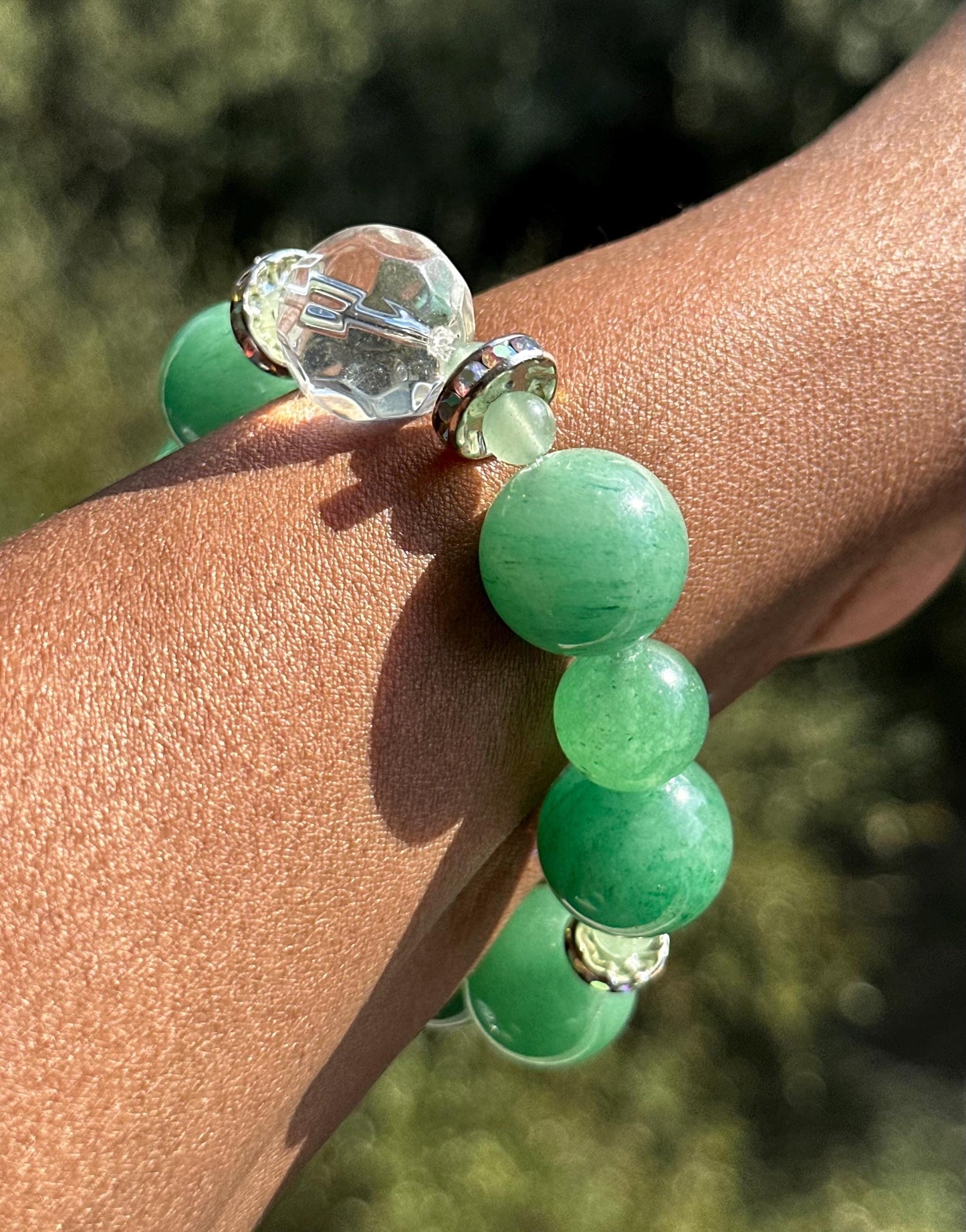 Chunky Green Aventurine Bracelet with Clear and Rhinestone Accent Beads