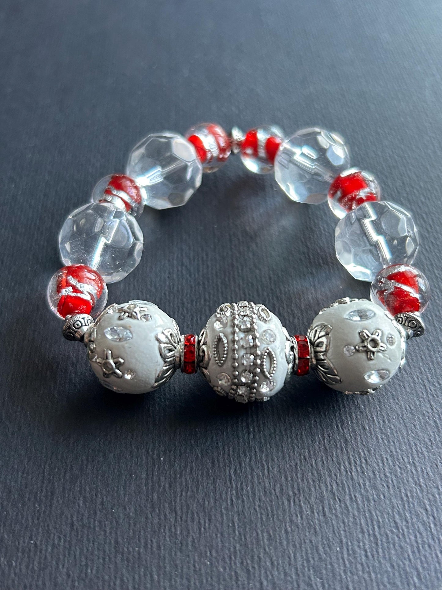 Handmade Beaded Stretch Bracelet | White, Red, & Silver Filigree