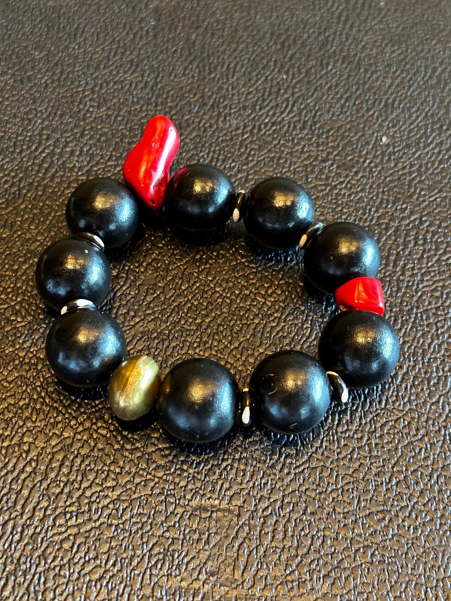 Handmade Black and Red Coral Beaded Statement Stretch Bracelet