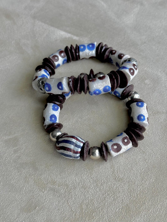 African Recycled Glass Bead Bracelet: Blue Brown Polka Dot Krobo, Unisex Boho