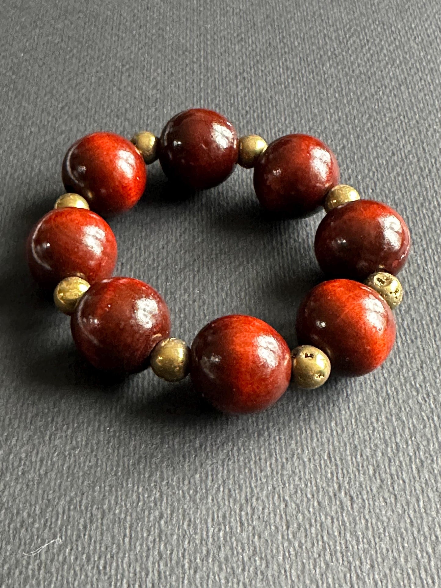 Large Brown Wood Unisex Beaded Bracelet with Gold Matte Agate Beads