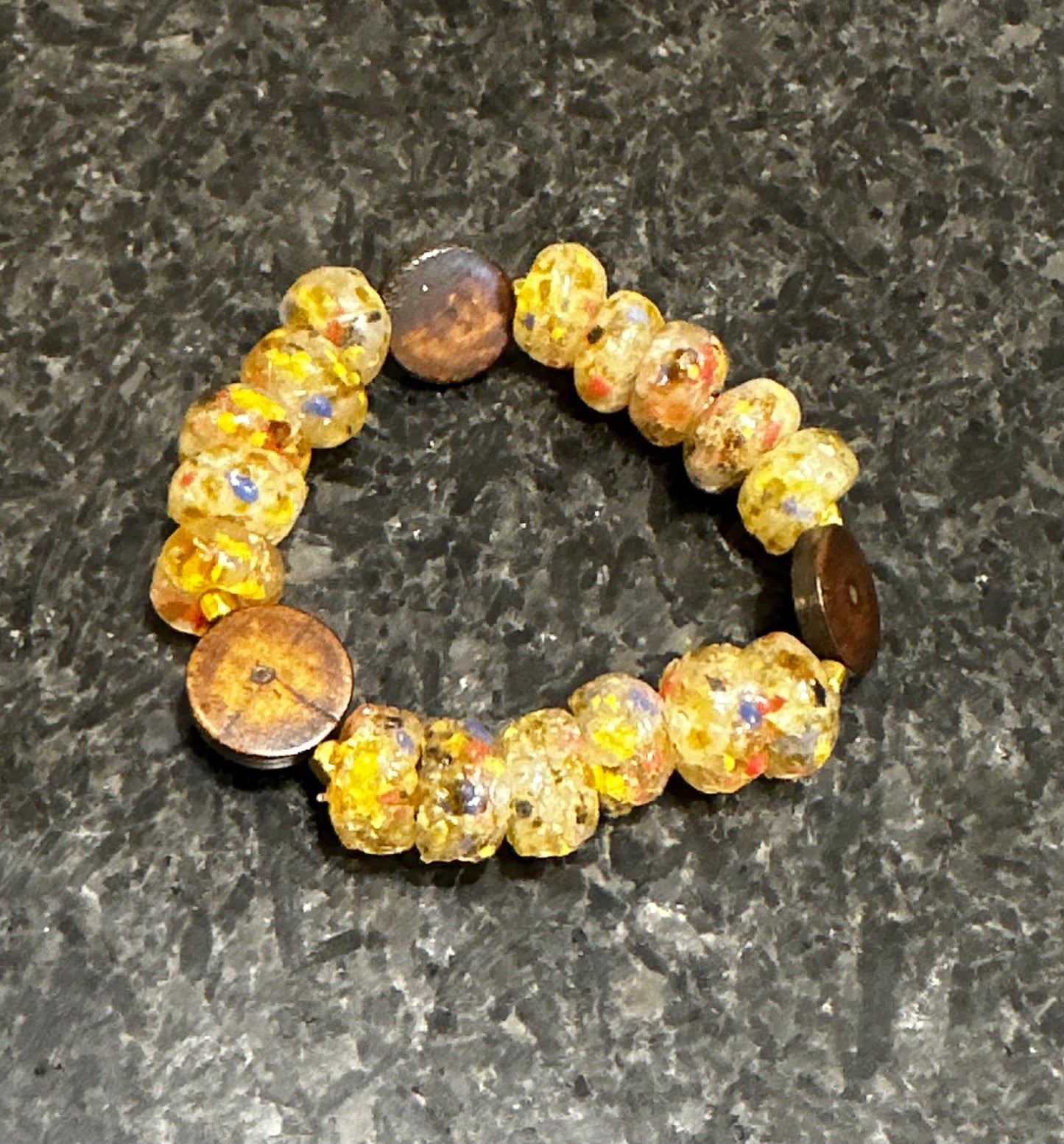 Yellow Recycled Glass Beaded Bracelet | Boho Wood Accent Jewelry