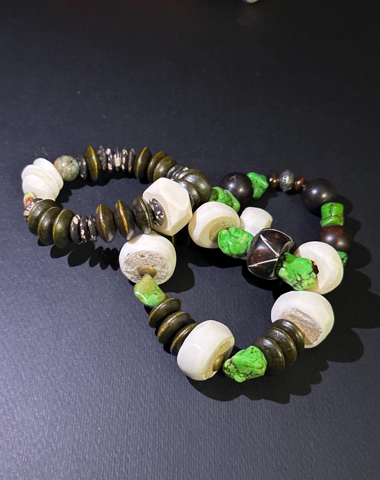 Green Brown and Creamy Beaded Bracelet | Wood Bone and Howlite Beads, Unisex Bohemian Jewelry