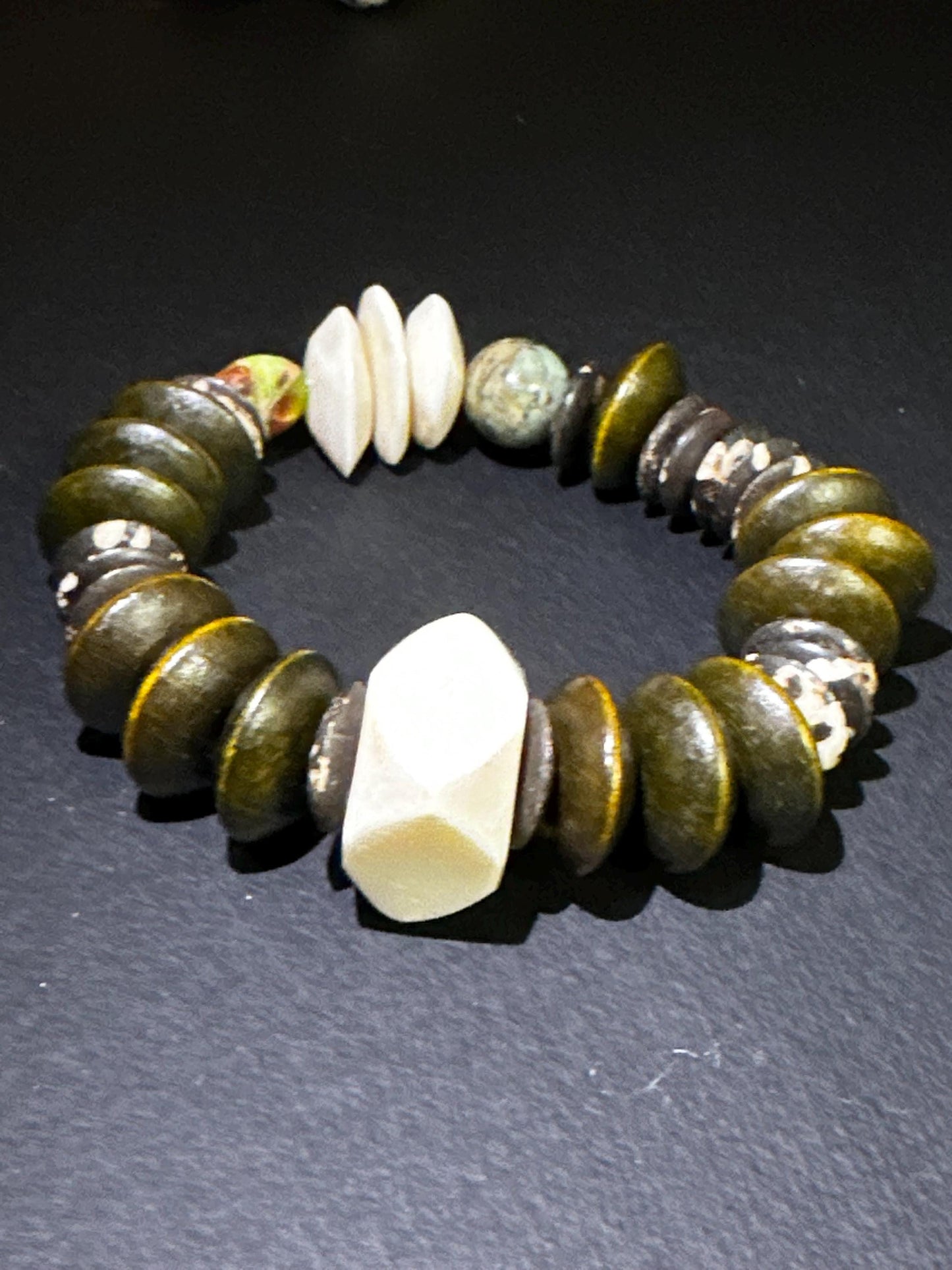 Green Brown and Creamy Beaded Bracelet | Wood Bone and Turquoise Beads, Unisex Bohemian Jewelry