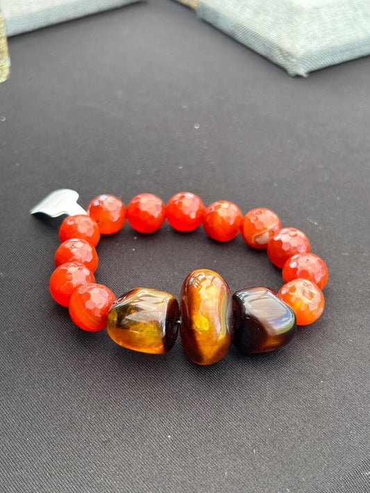 Orange Gemstone and Brown Resin Bracelet Size 7.5