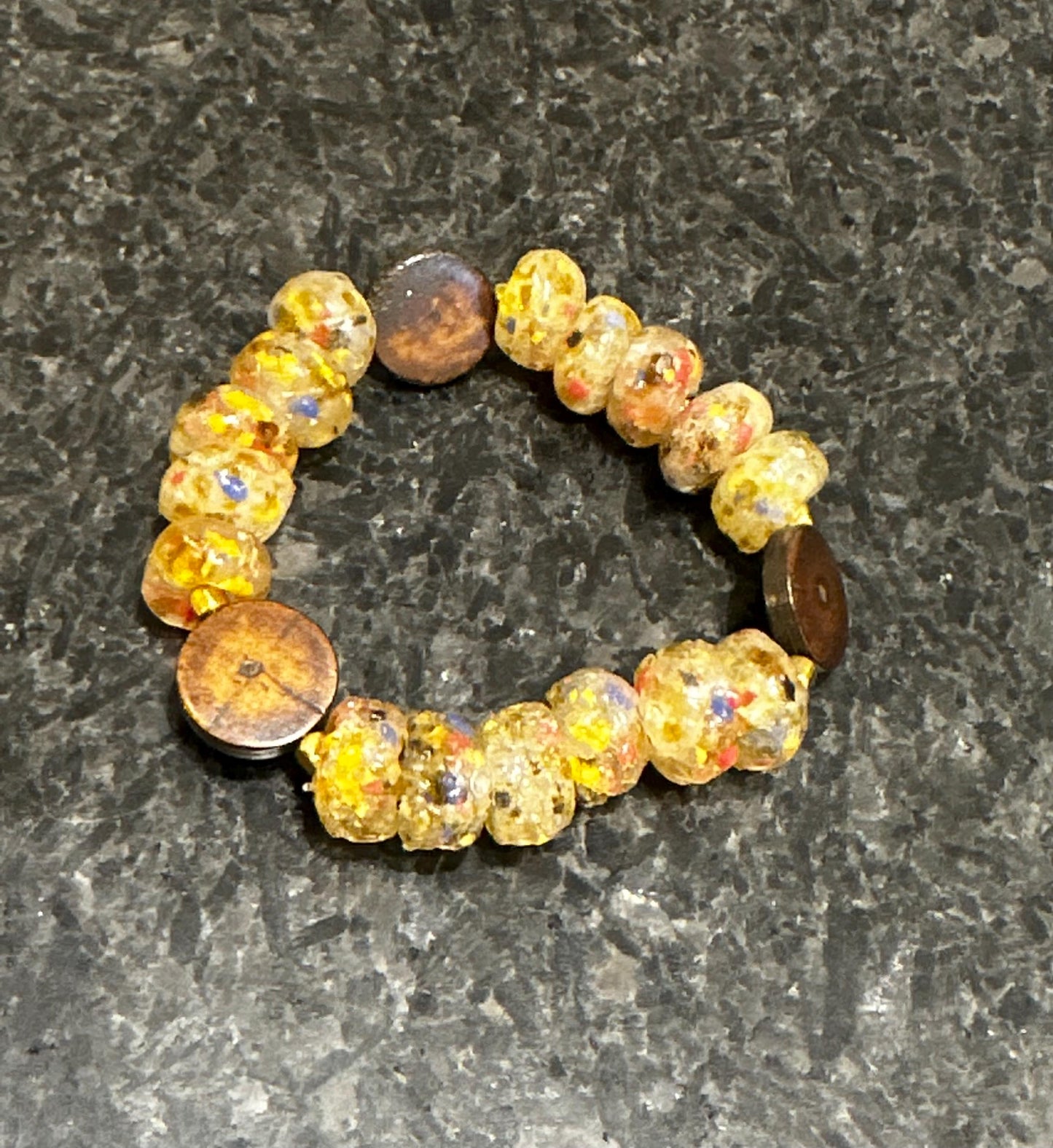 Yellow Recycled Glass Beaded Bracelet | Boho Wood Accent Jewelry