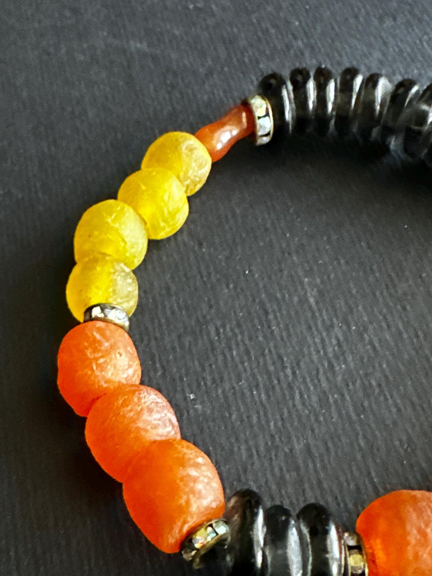 Brown Orange and Yellow Recycled African Glass Bead Bracelet | Boho Unisex Stretch Bracelet | Earthy Statement Jewelry