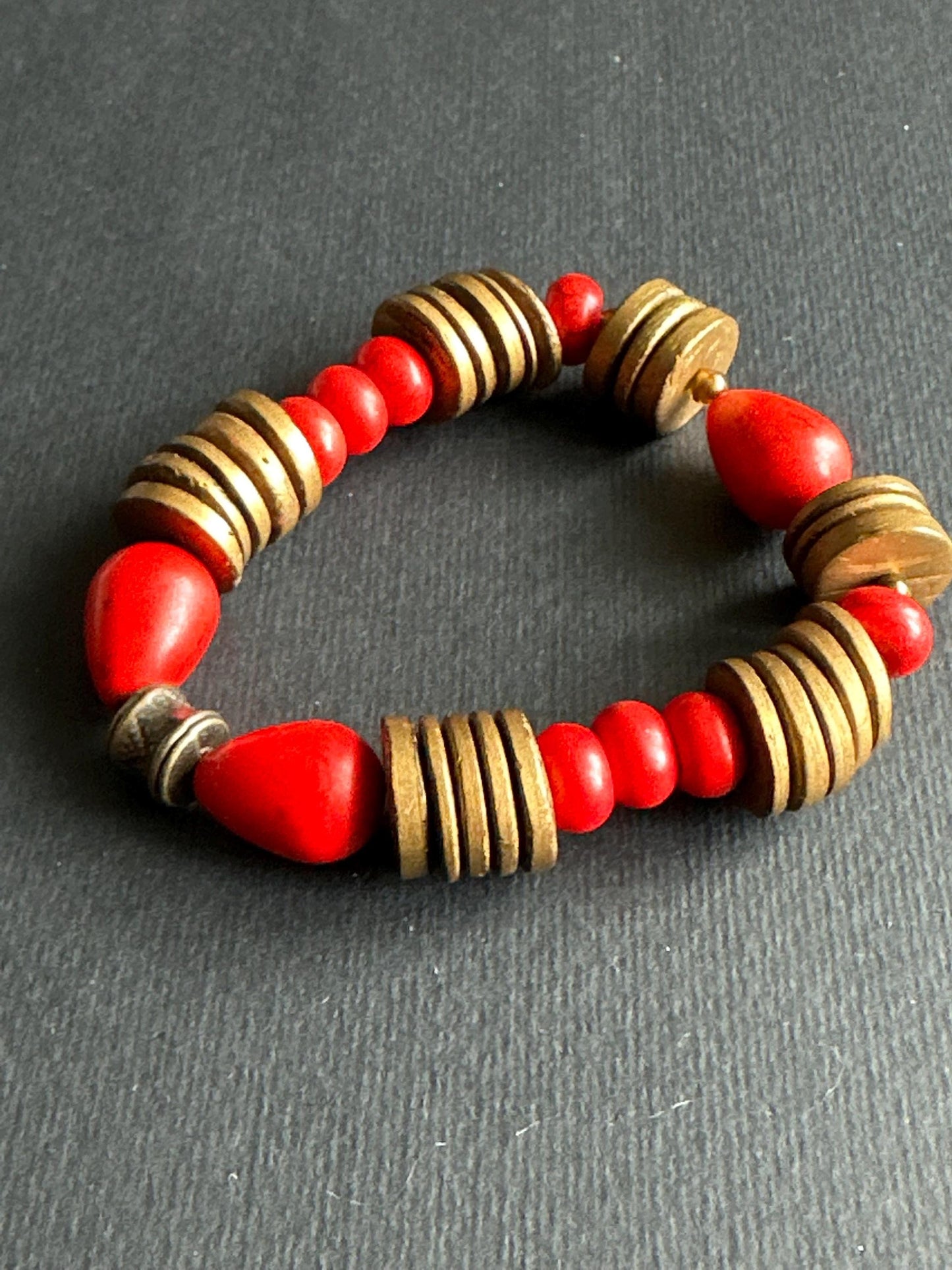 Red Teardrop Beaded Bracelet | Bronze Disc Boho Jewelry