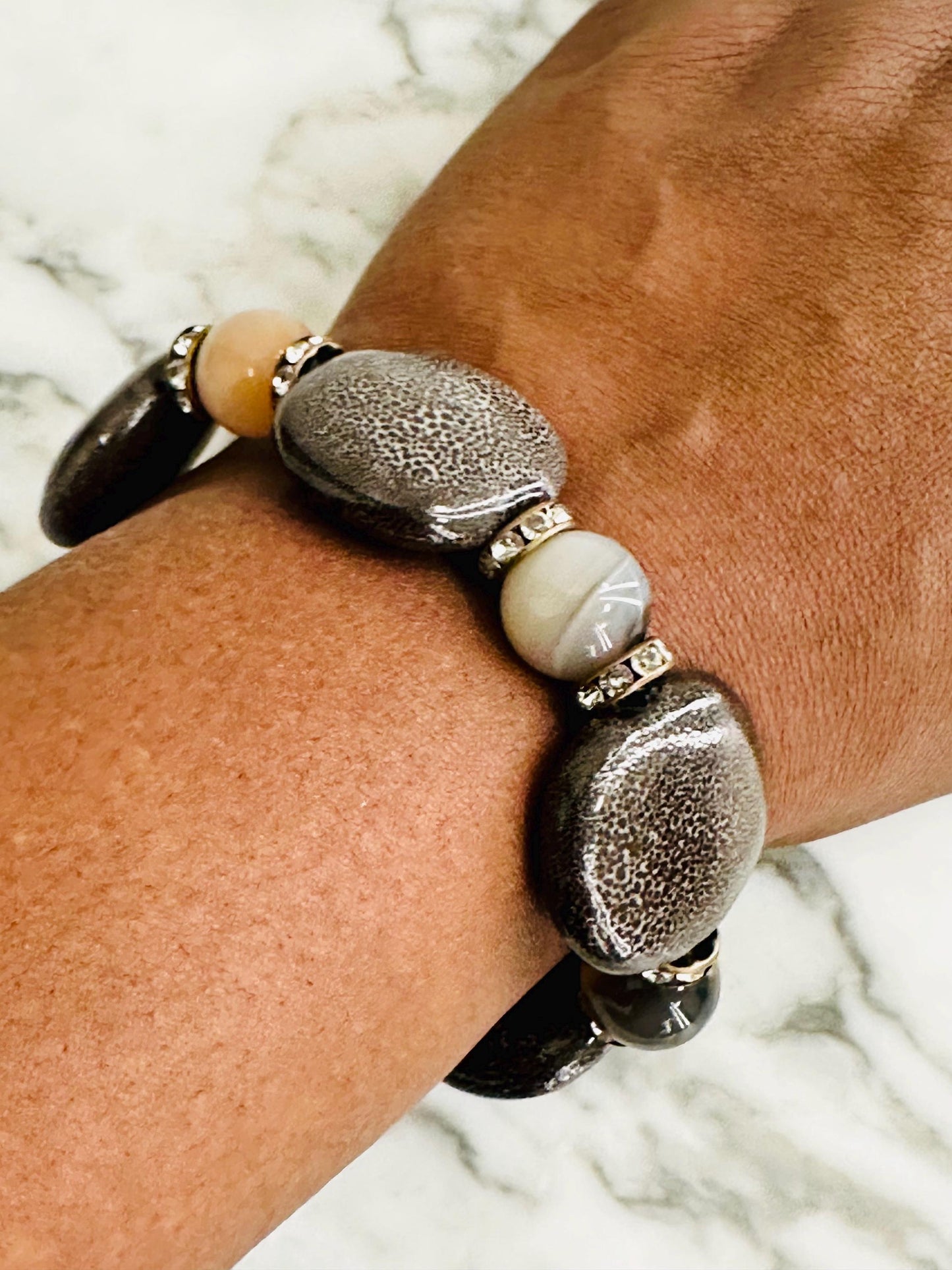 Smokey Ceramic and Agate Beaded Bracelet with Metal Accents | Handmade Natural Stone Jewelry