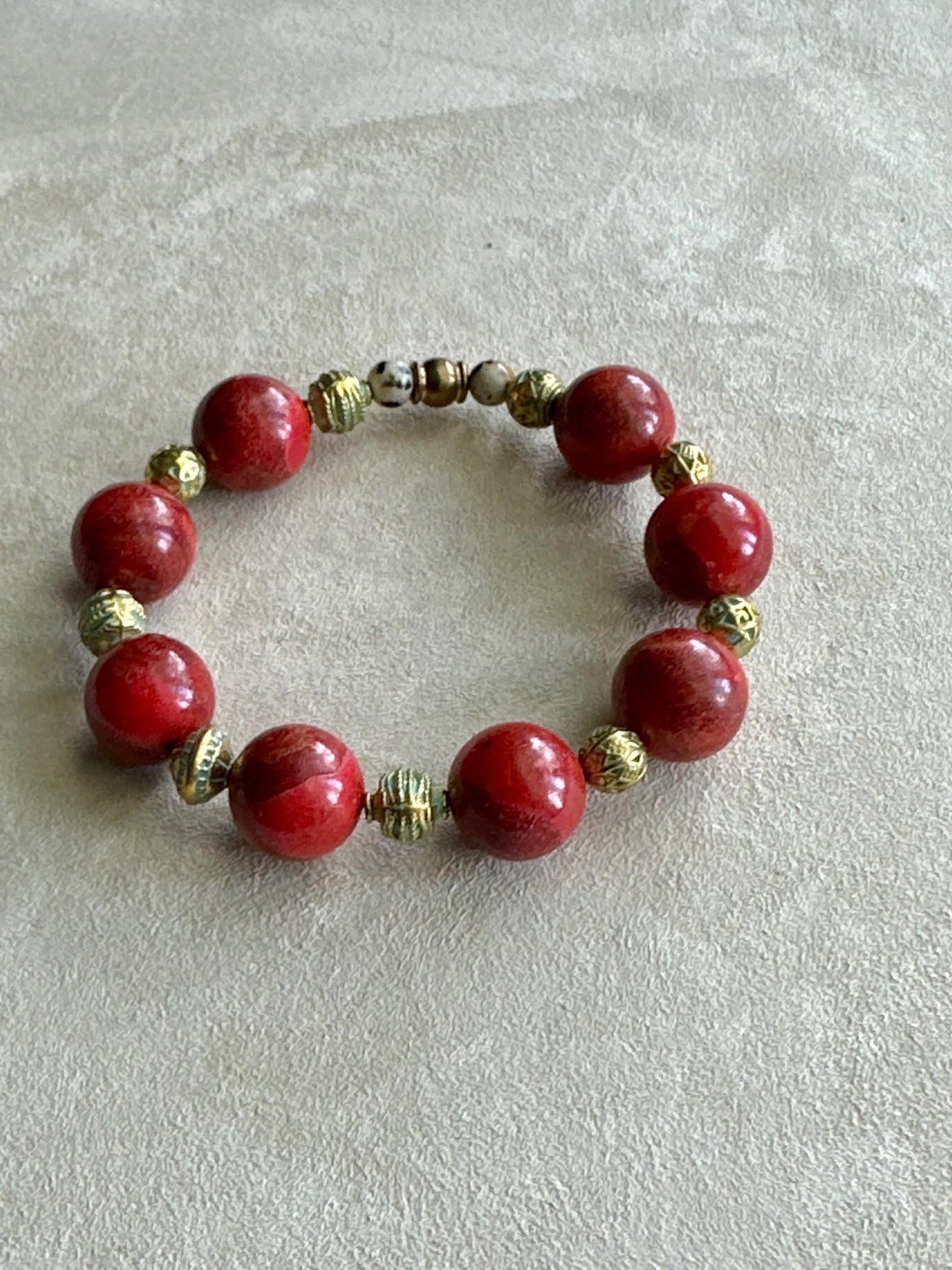 Red Ceramic Beaded Bracelet: Handmade Brass Accent Boho Jewelry