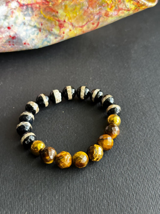 Unisex Black and White Agate with Tiger’s Eye and Hematite Accent Beads for Women and Men