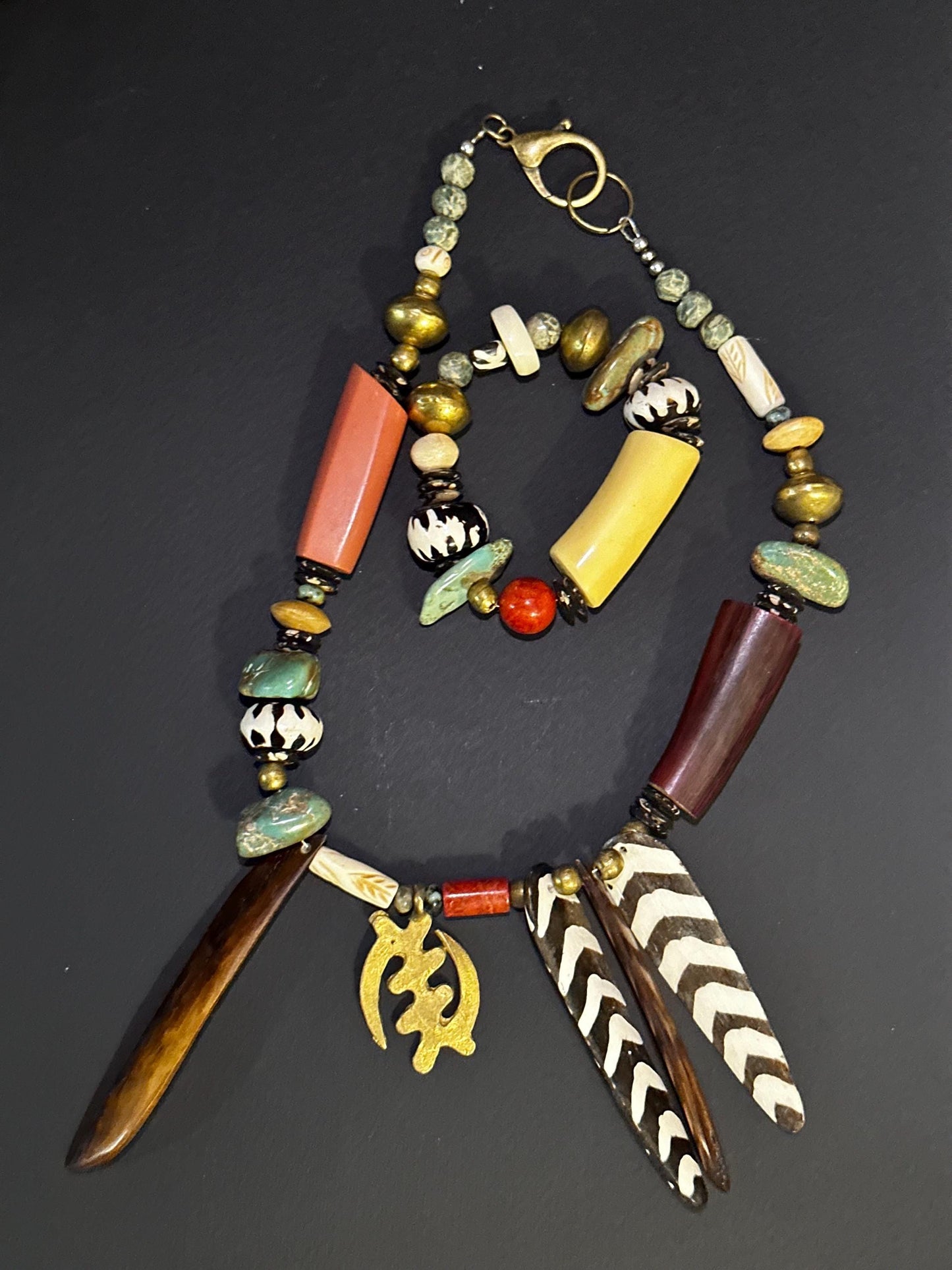 Tribal Boho Statement Necklace • Mixed Materials • Handcrafted Ethnic-Inspired Necklace • Bone, Brass & Natural Beads • One-of-a-Kind