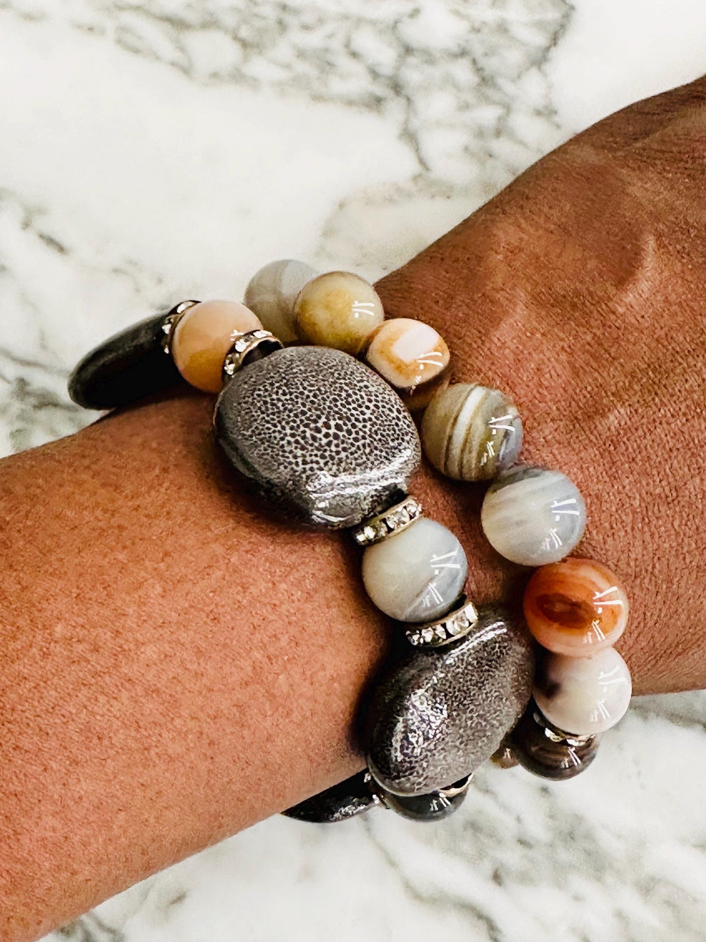 Smokey Ceramic and Agate Beaded Bracelet with Metal Accents | Handmade Natural Stone Jewelry