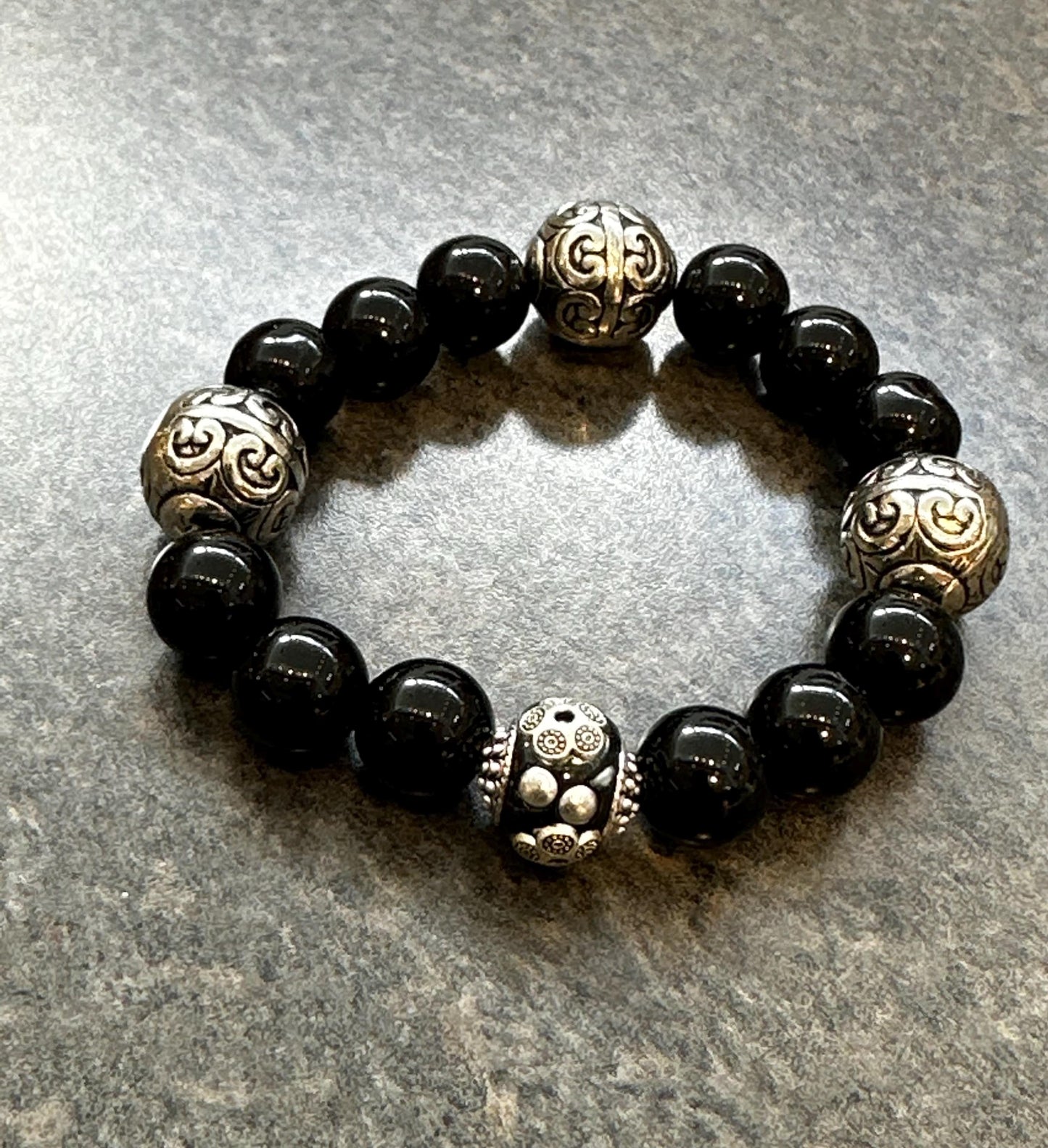 Black Jasper Beaded Bracelet: Handmade Sterling Silver Accent Boho Jewelry