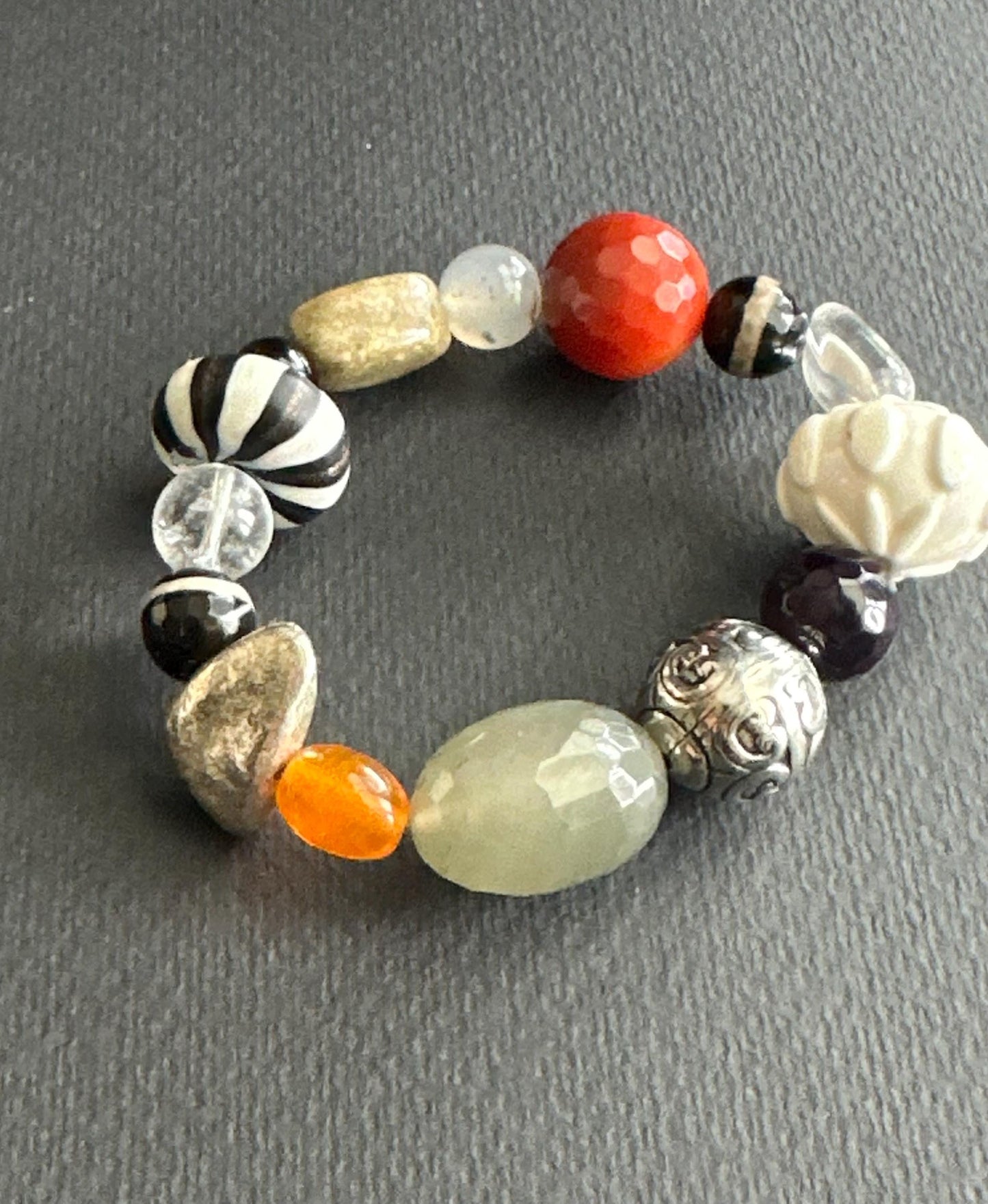 White, Orange, Green, Black & Silver Mixed Material Statement Bracelet – One of a Kind (OOAK