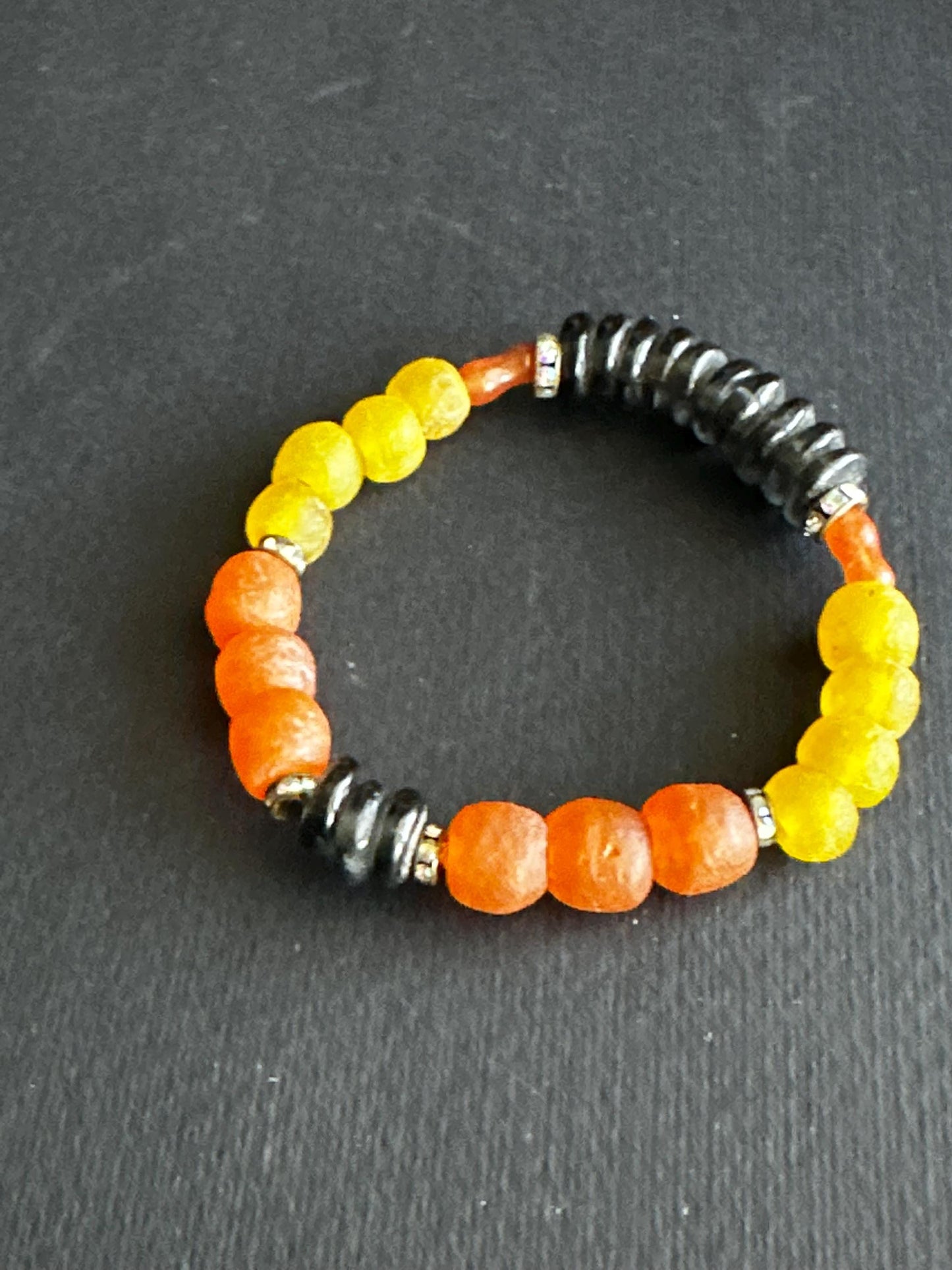 Brown Orange and Yellow Recycled African Glass Bead Bracelet | Boho Unisex Stretch Bracelet | Earthy Statement Jewelry