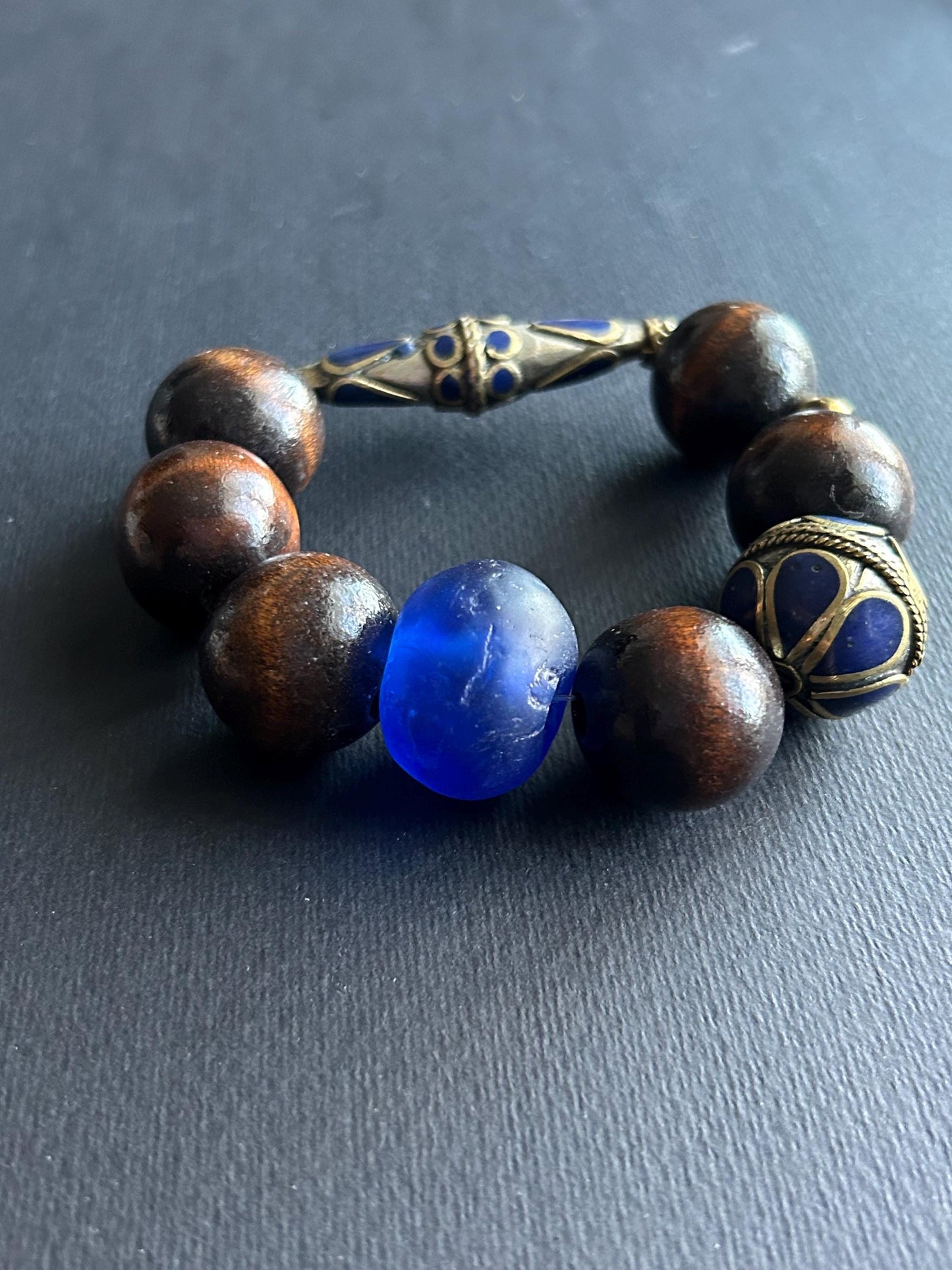 Large Brown Wood Unisex Beaded Bracelet with Gold Matte Agate Beads