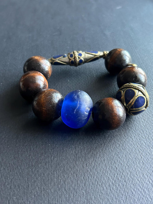 Large Brown Wood Unisex Beaded Bracelet with Gold Matte Agate Beads