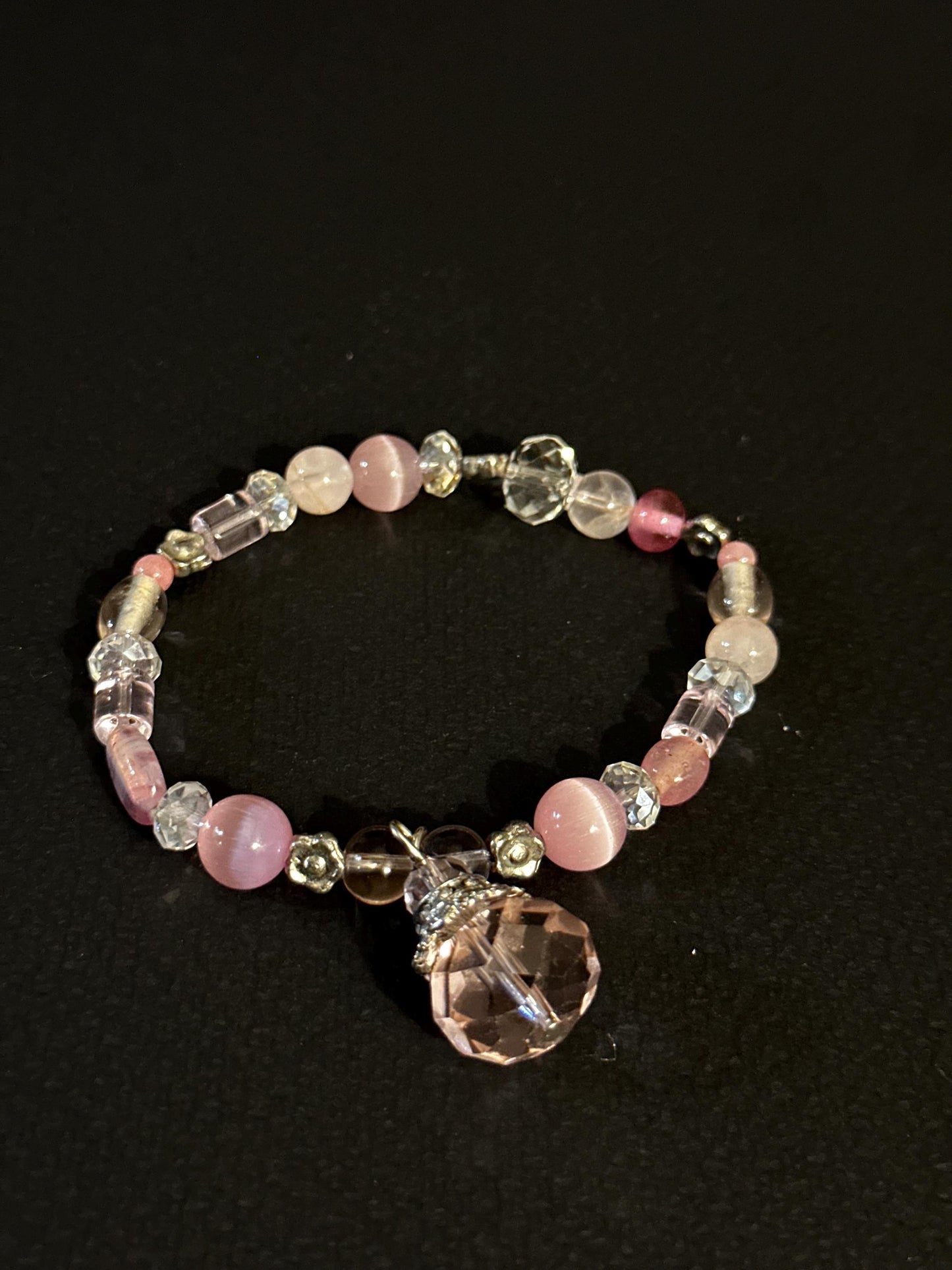 Handmade Pink & Brown Glass Beaded Bracelet Set with Crystal Accents OOAK